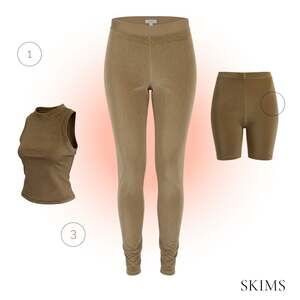 SKIMS New 3pc Velour High Waisted Legging, Top & Shorts in Camel Size M